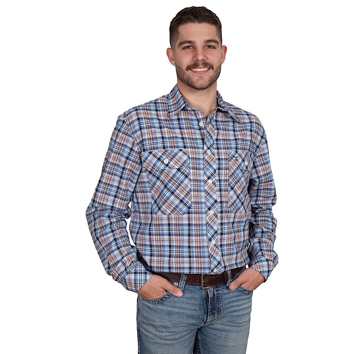 Just Country Men’s Austin Full Button Print Workshirt - Blue/Navy/Orange Plaid