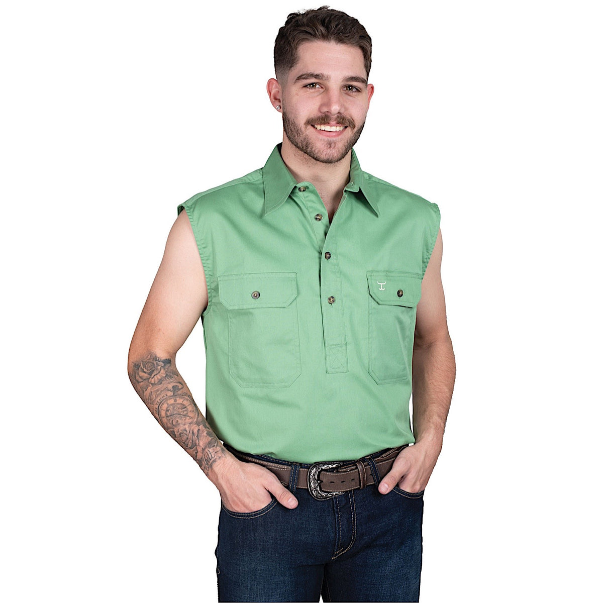 Just Country Mens Jack 1/2 Button Sleeveless Work Shirt - Jade
