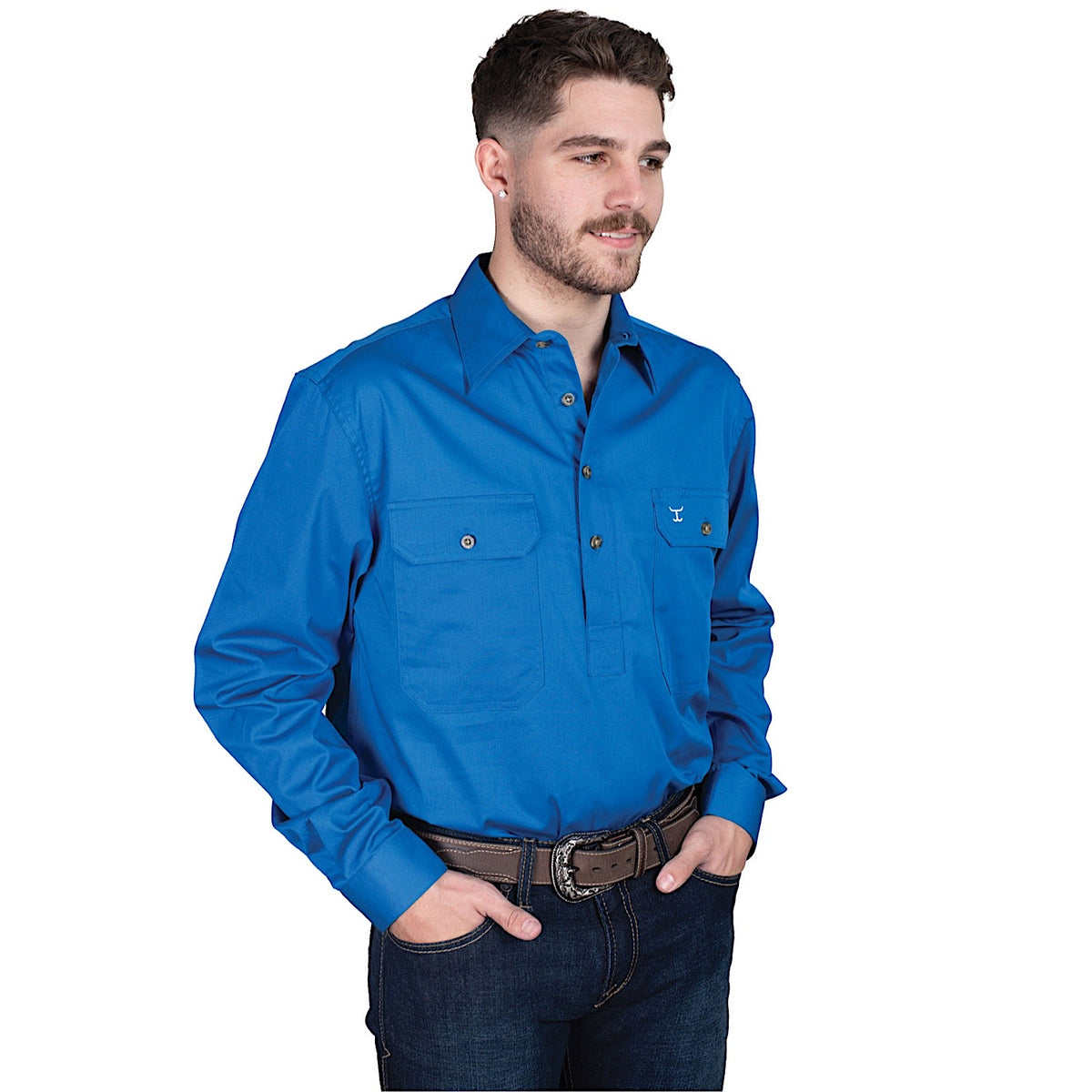Just Country Mens Cameron 1/2 Button Work Shirt - Nautical Blue