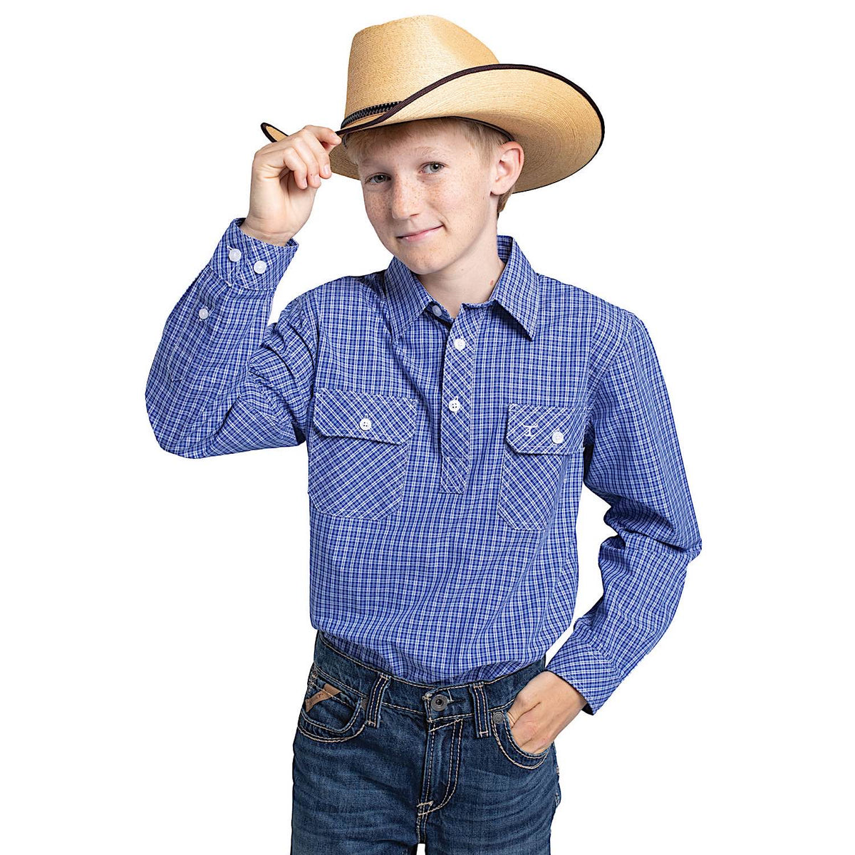 Just Country Boy's Brayden Half Button Workshirt - Ultramarine Blue/White Minicheck