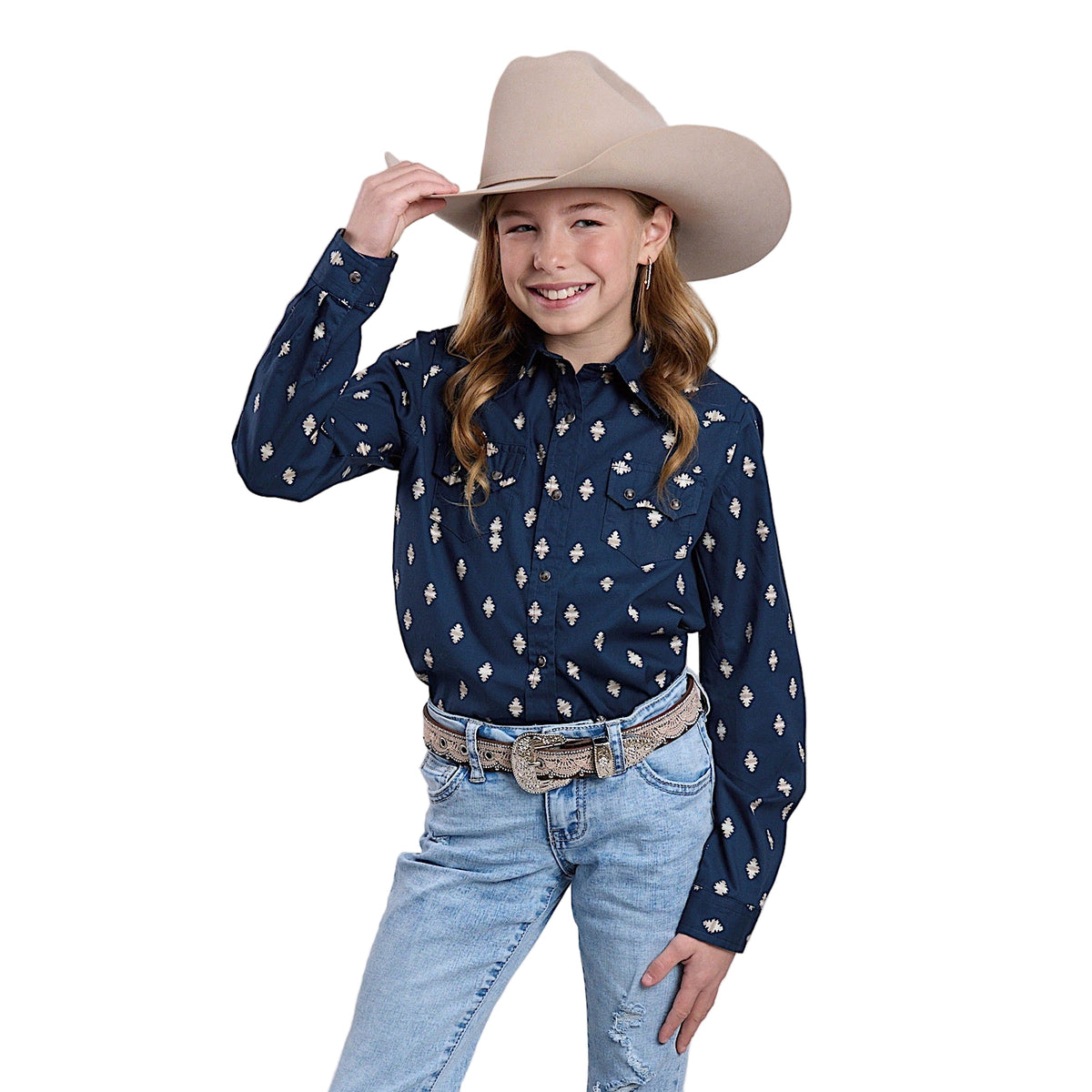 Roper Girl’s West Made Collection Long Sleeve Print Shirt - Blue Ombre Aztecs