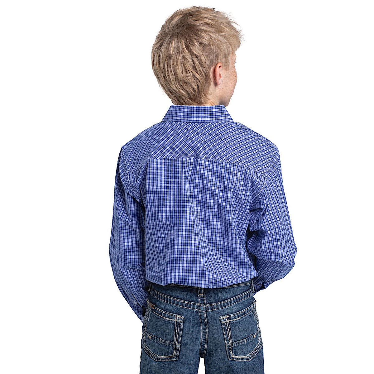 Just Country Boy's Brayden Half Button Workshirt - Ultramarine Blue/White Minicheck