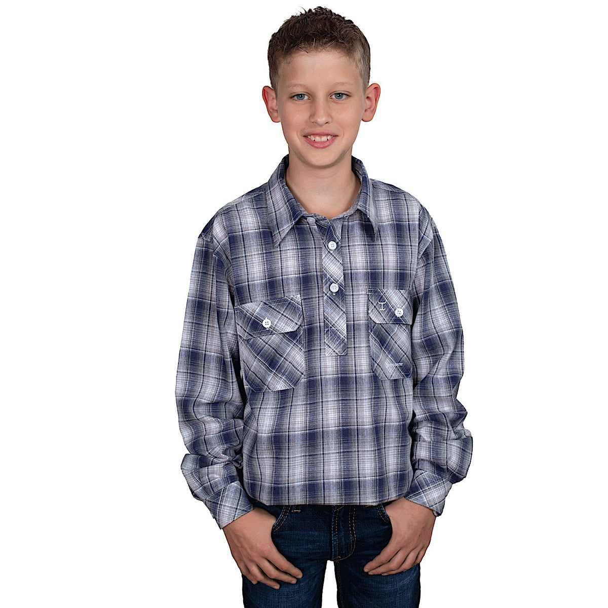Just Country Kid's Brayden Half Button Print Work Shirt - Admiral Blue/Slate Check