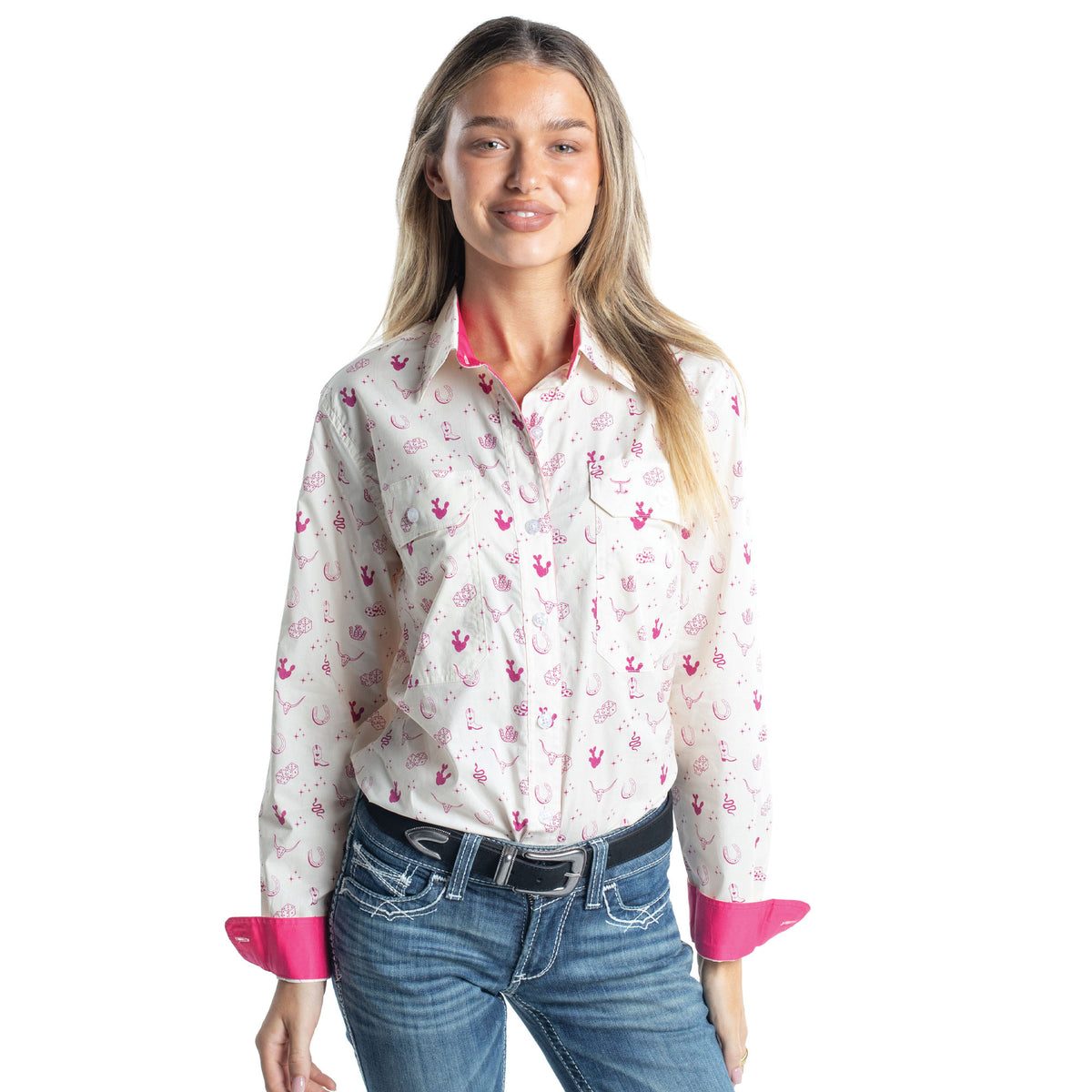 Just Country Women's Abbey Full Button Workshirt - Cream &  Fuschia Western Print / Hot Pink