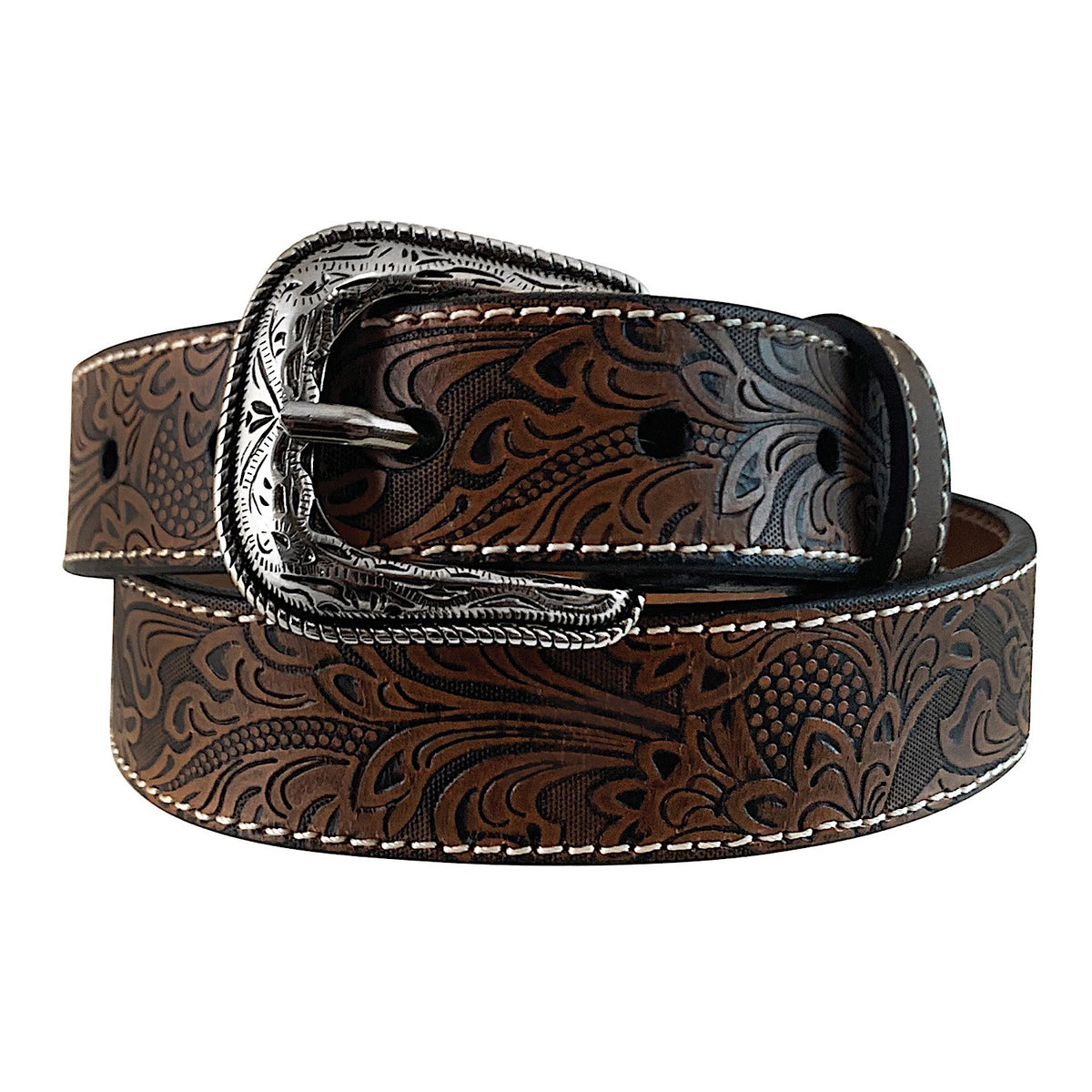 Roper Boys Genuine Leather Western Belt - Natural Floral Emboss