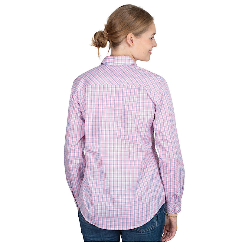 Just Country Women’s Georgie Half Button Print Work Shirt - Light Pink/Navy Plaid