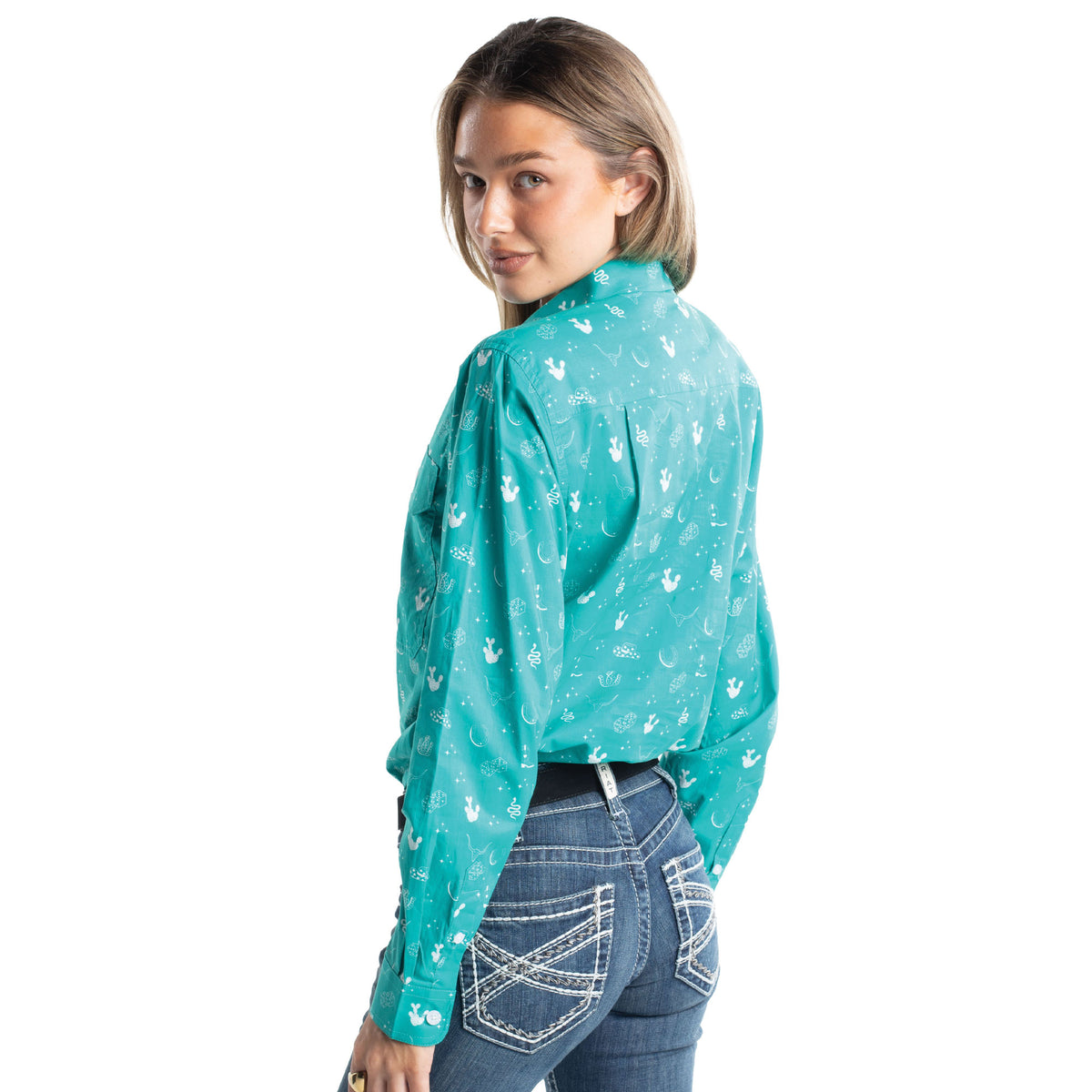 Just Country Women's Abbey Full Button Workshirt - Turquoise & White Western Print