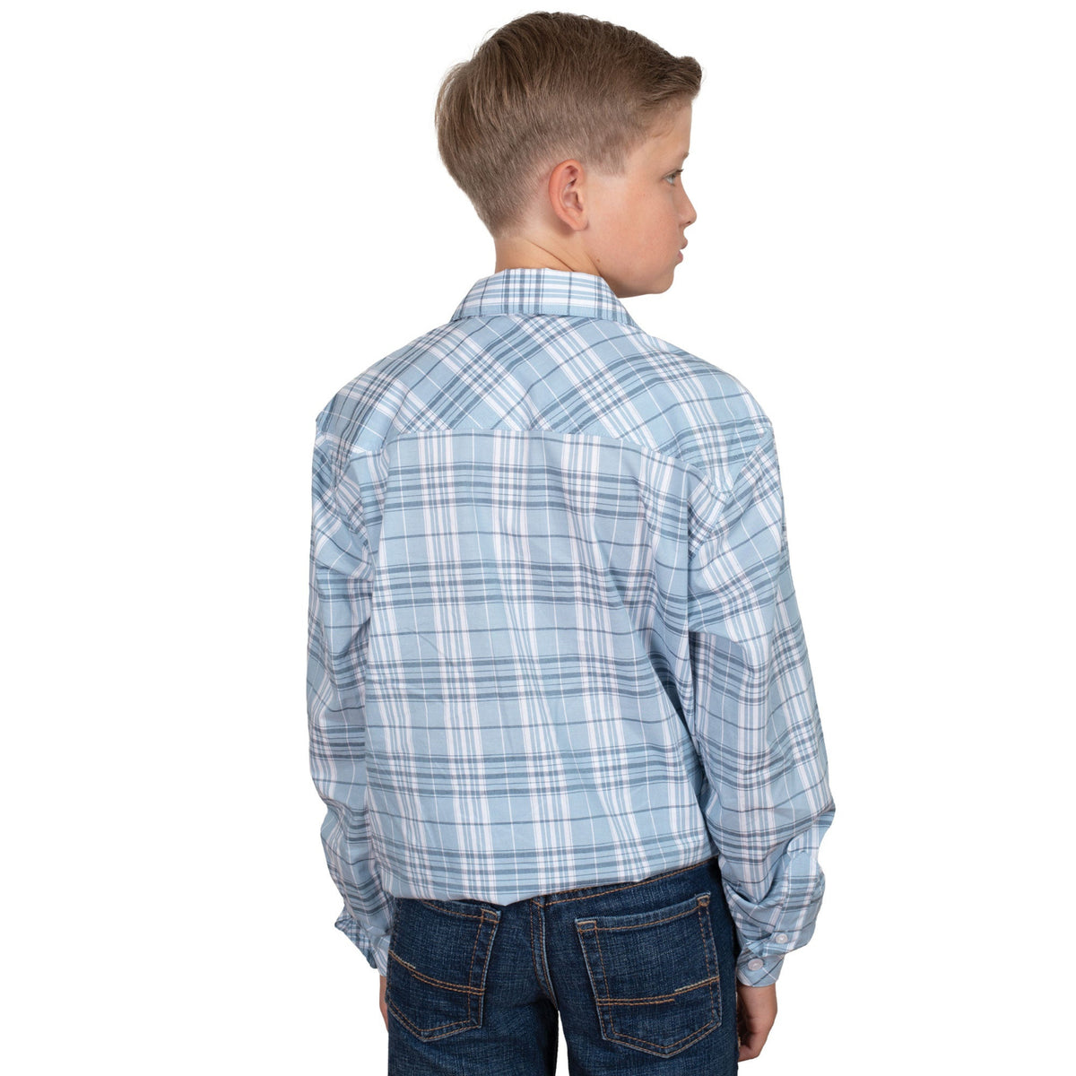 Just Country Kids Brayden Half Button Print Work Shirt - Light Blue Plaid