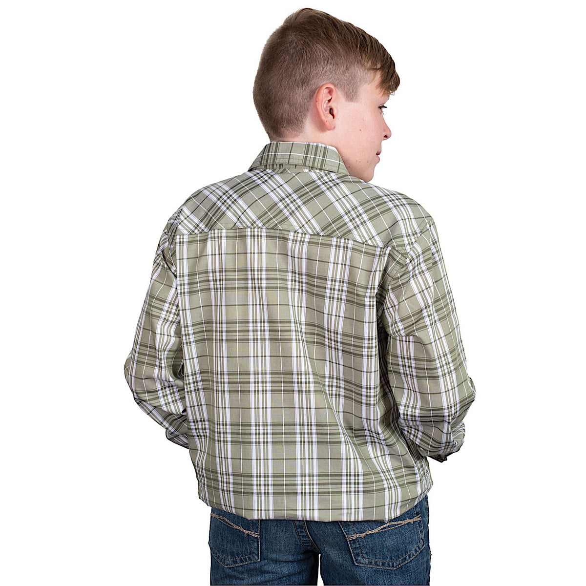 Just Country Boy’s Brayden Half Button Plaid Workshirt - Olive Plaid