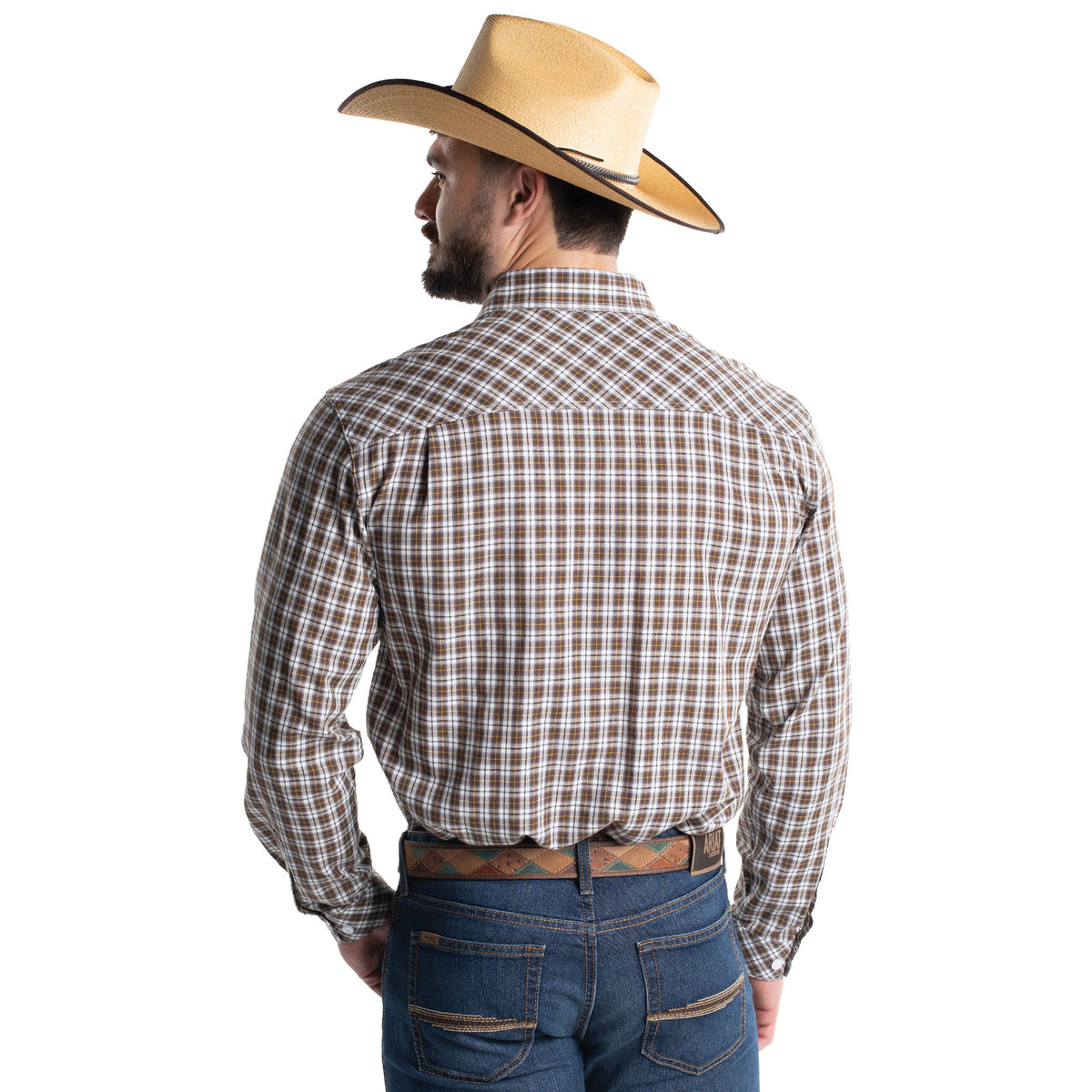 Just Country Men's Austin Full Button Print Workshirt - Coffee & White Plaid