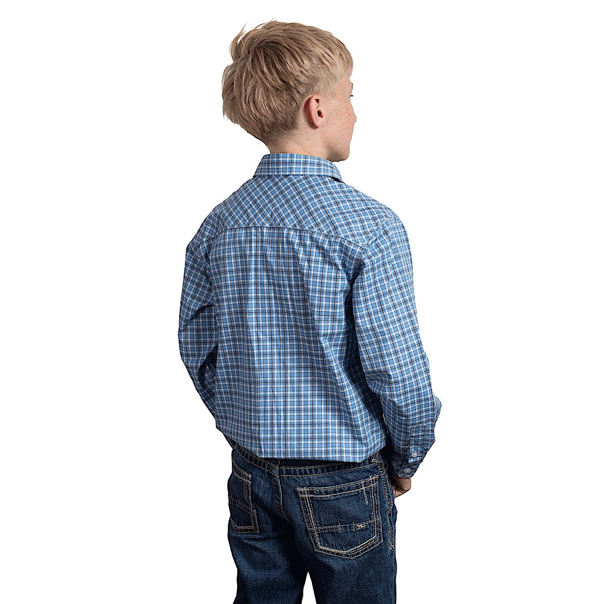 Just Country Boy’s Brayden Half Button Plaid Workshirt - Marine Blue/Navy/White Plaid