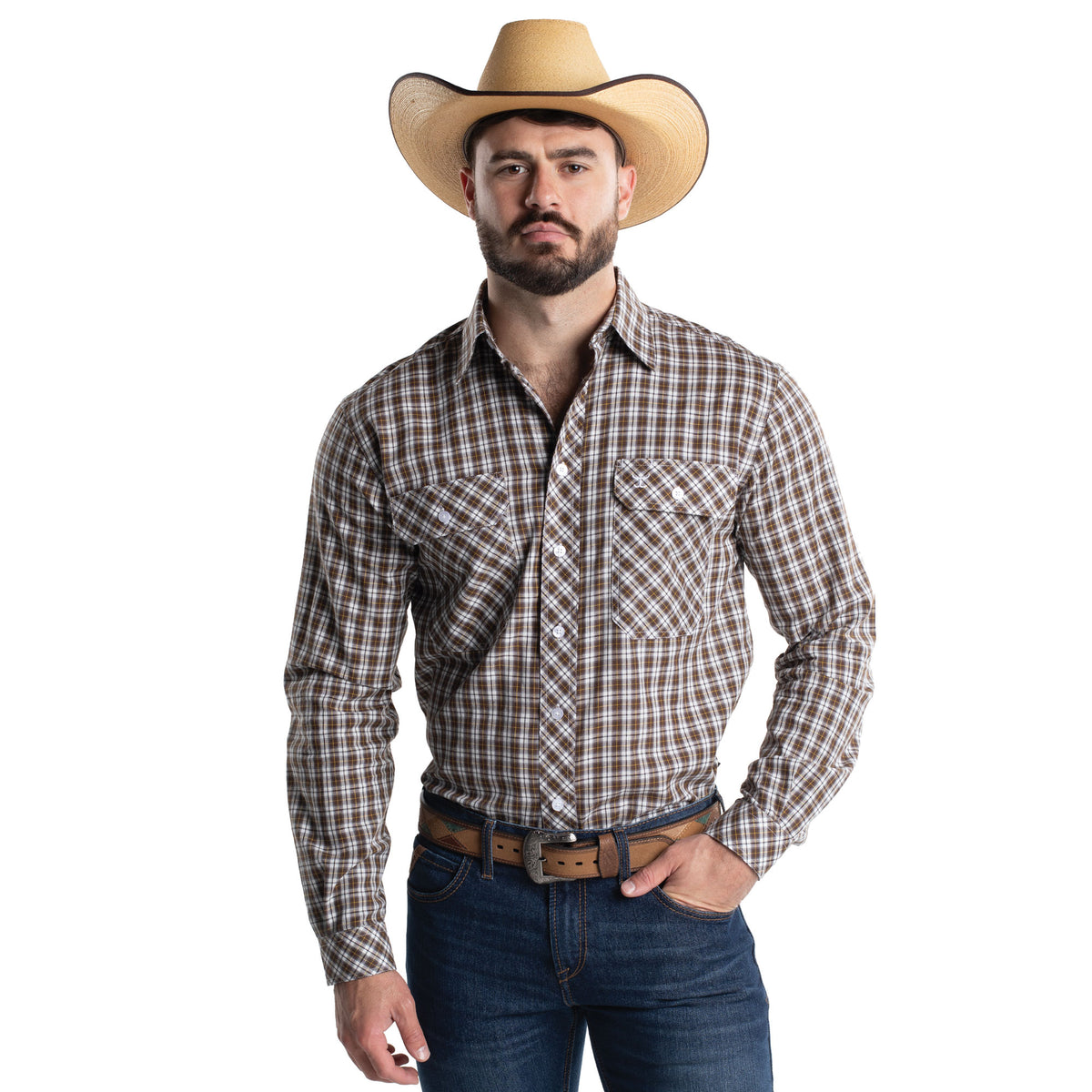Just Country Men's Austin Full Button Print Workshirt - Coffee & White Plaid