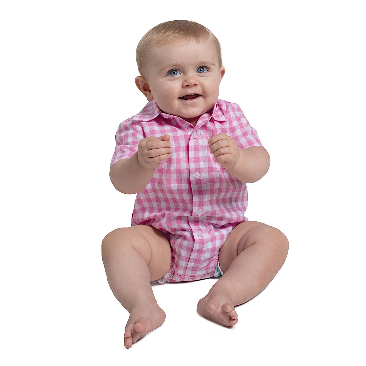 Just Country Infant Frankie Short Sleeve Full Button Plaid Jumpsuit - Pink Lemonade/White Check