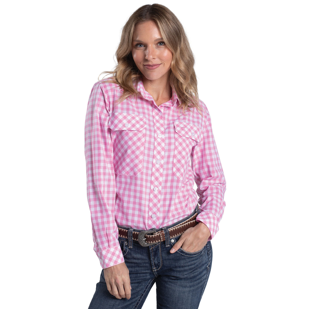 Just Country Women’s Abbey Full Button Print Workshirt - Pink Lemonade / White