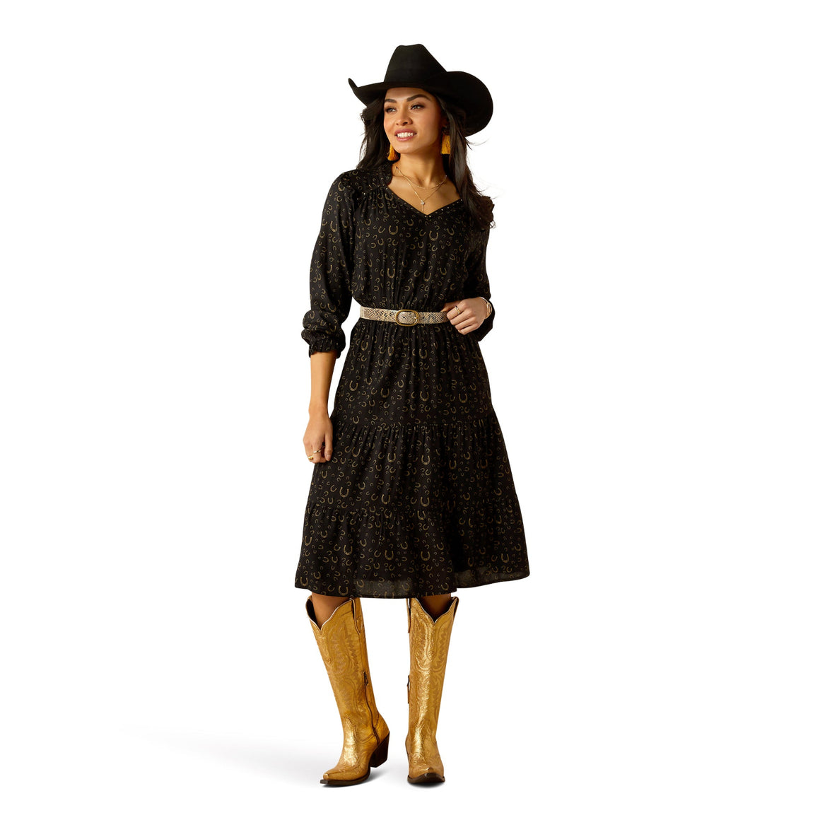Ariat Women's Blinged Out Dress - Golden Horseshoes Print