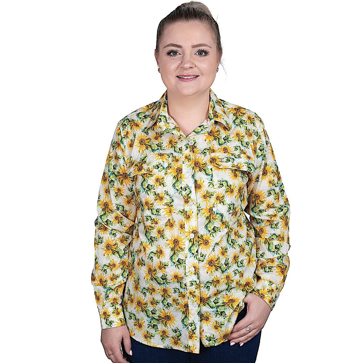 Just Country Women's Abbey Full Button Work Shirt - Parchment Sunflowers