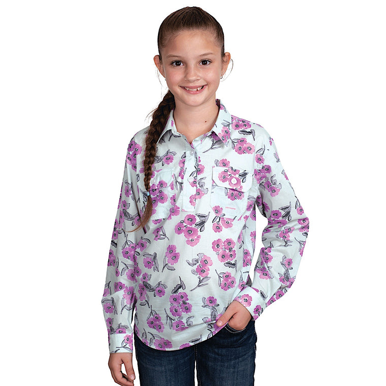 Just Country Girl's Harper Half Button Print Work Shirt - Sea Mist Watercolour Blooms