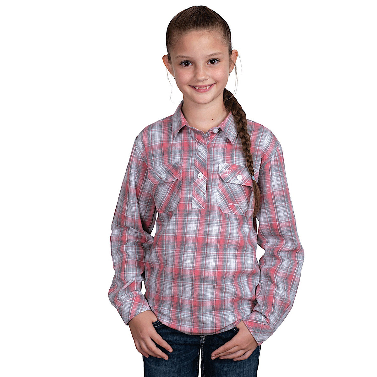 Just Country Girl's Harper Half Button Print Work Shirt - Cherry Blossom/Slate Check