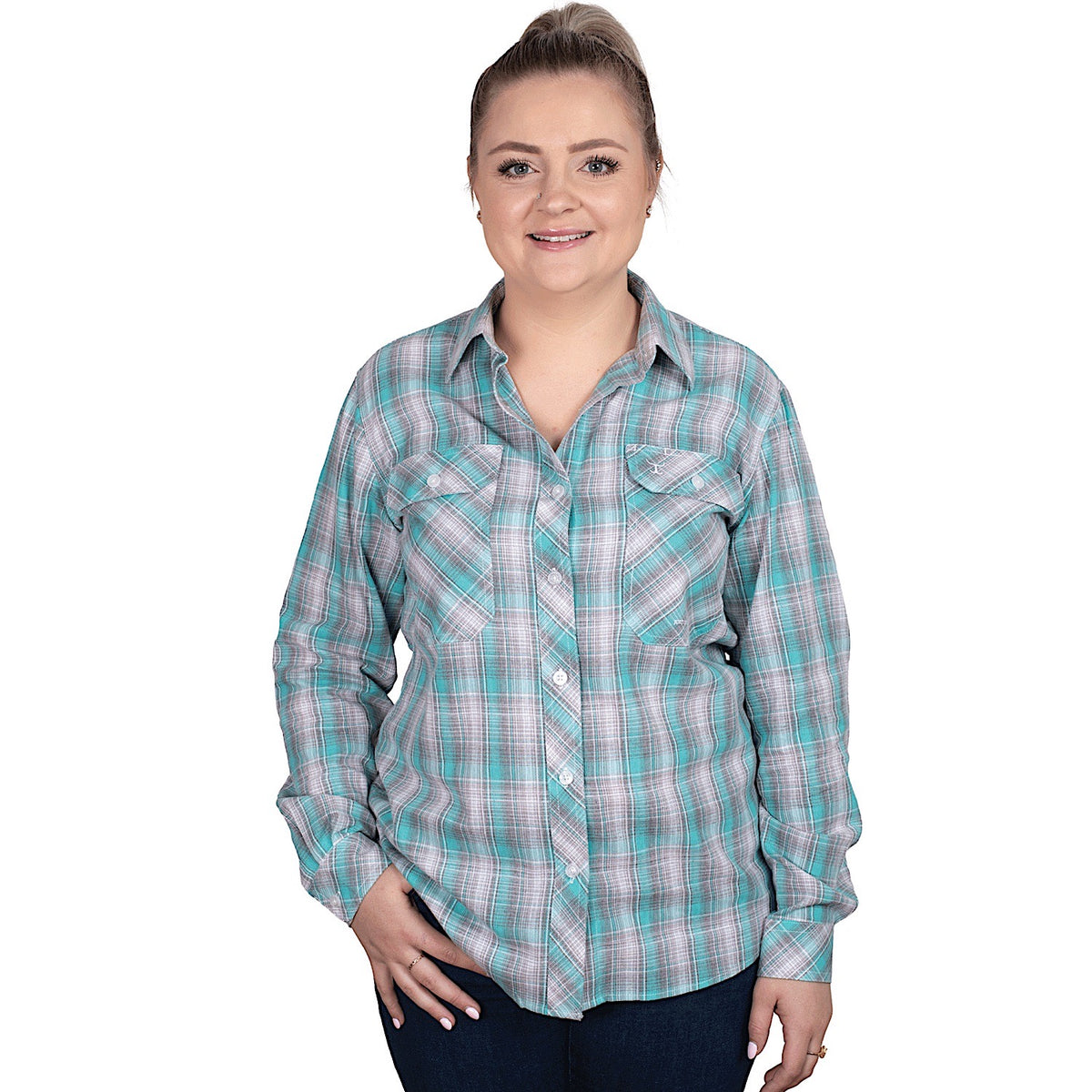 Just Country Women's Abbey Full Button Work Shirt - Capri Turquoise/Slate Check