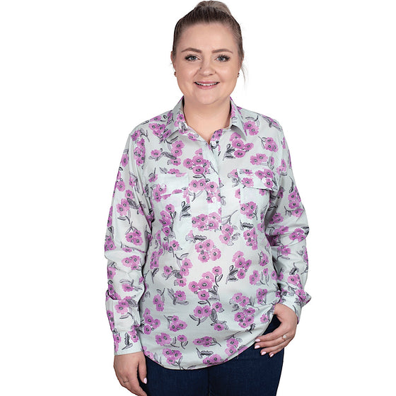 Just Country Women's Georgie Half Button Work Shirt - Sea Mist Watercolour Blooms