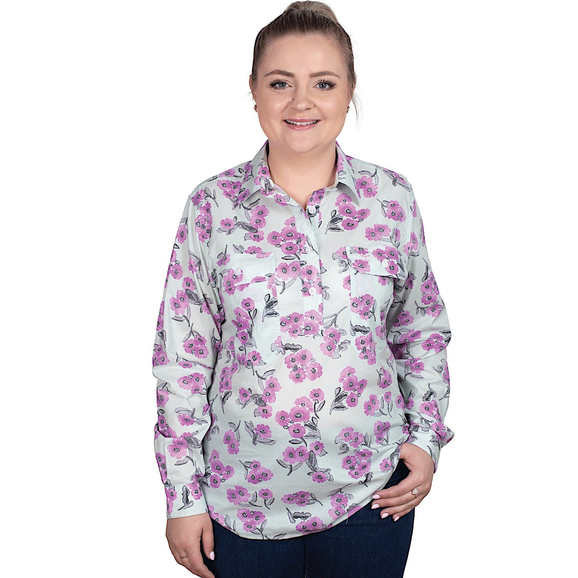 Just Country Women's Georgie Half Button Work Shirt - Sea Mist Watercolour Blooms