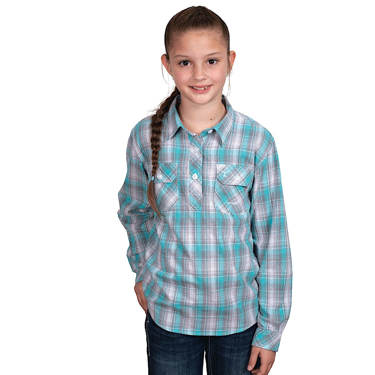 Just Country Girl's Harper Half Button Print Work Shirt - Capri Turquoise/Slate Check