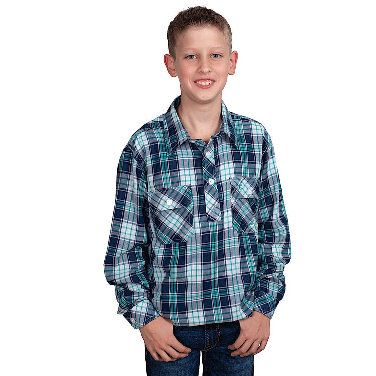 Just Country Kids Brayden Half Button Print Work Shirt - Navy/Aqua Check