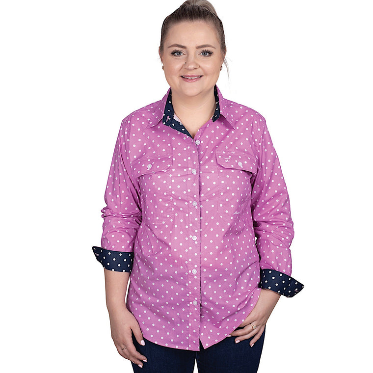 Just Country Women's Abbey Full Button Work Shirt - Radiant Orchid Dots/Navy Dots