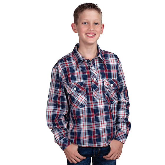 Just Country Kids Brayden Half Button Print Work Shirt - Chilli/Navy Check