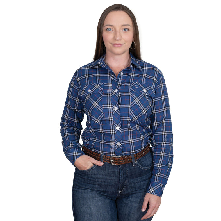 Just Country Women's Abbey Full Button Print Work Shirt - Cobalt Lurex Plaid