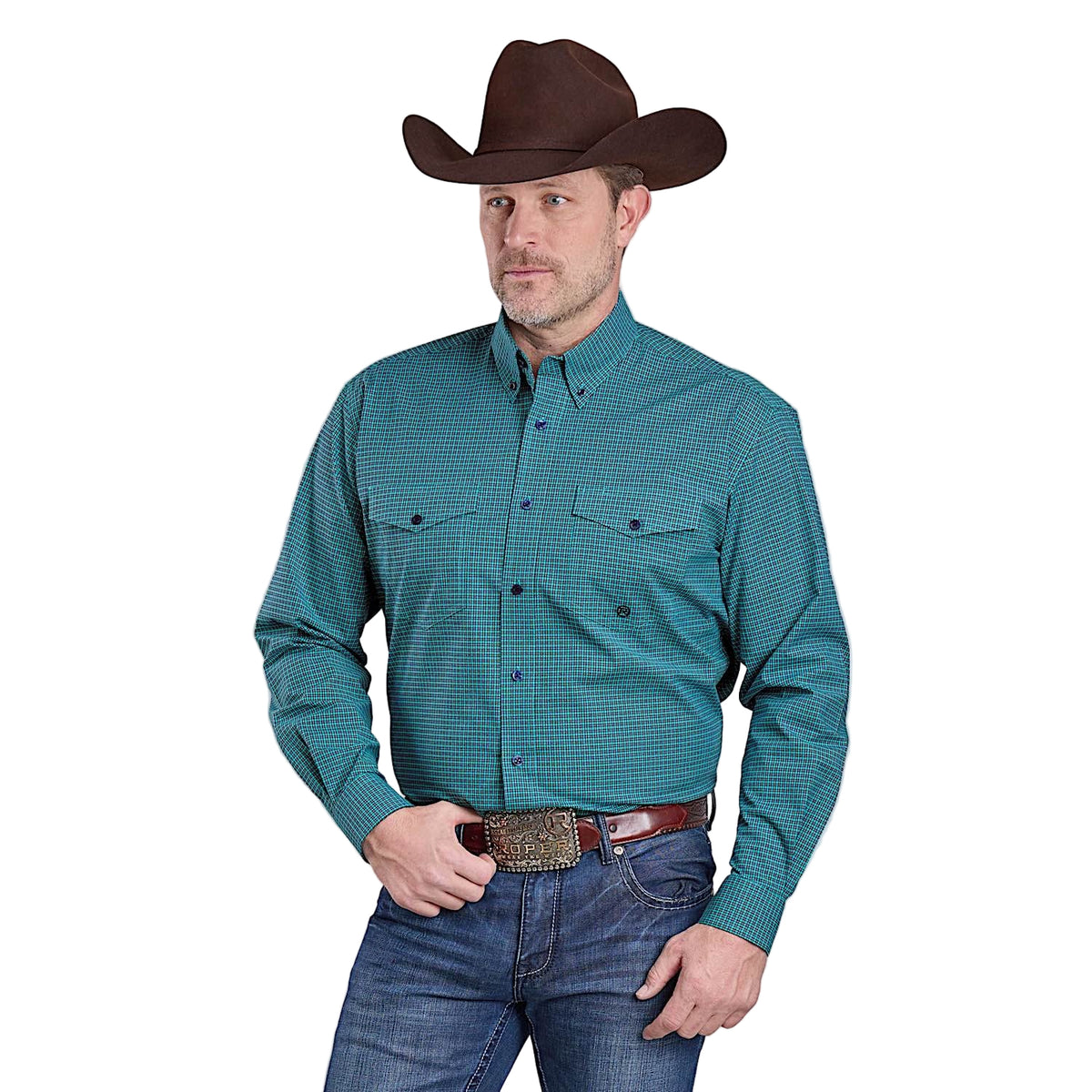 Roper Men’s Amarillo Collection Long Sleeve Shirt - Green Mini Check