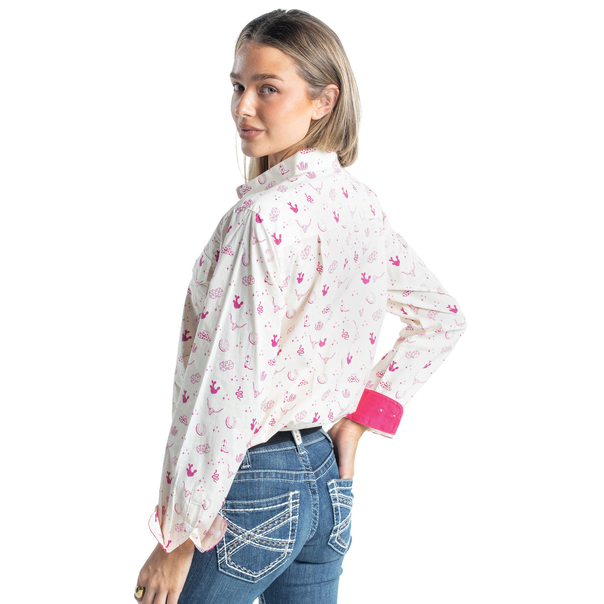 Just Country Women's Abbey Full Button Workshirt - Cream &  Fuschia Western Print / Hot Pink