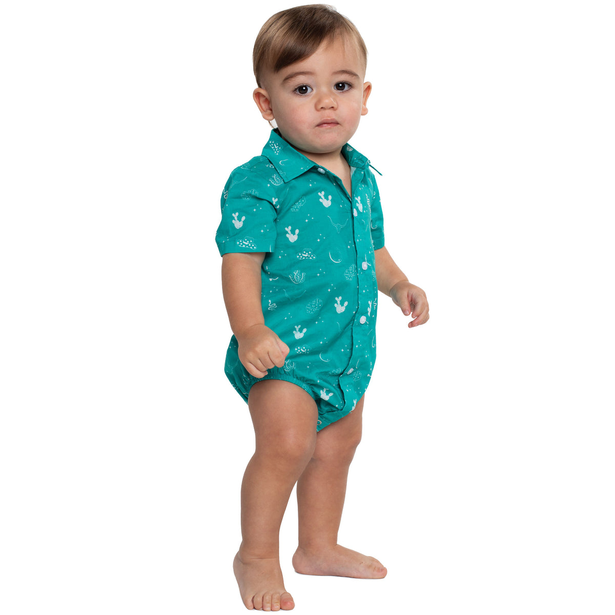 Just Country Infant Frankie Short Sleeve Full Button Jumpsuit - Turquoise/White Western Print
