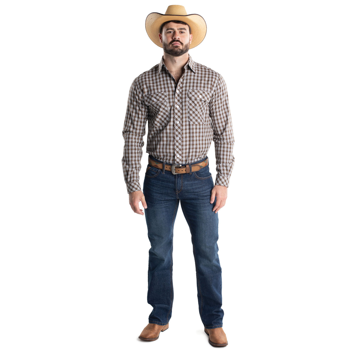 Just Country Men's Austin Full Button Print Workshirt - Coffee & White Plaid