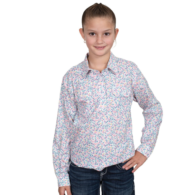 Just Country Girl's Harper Half Button Print Work Shirt - White Tulips