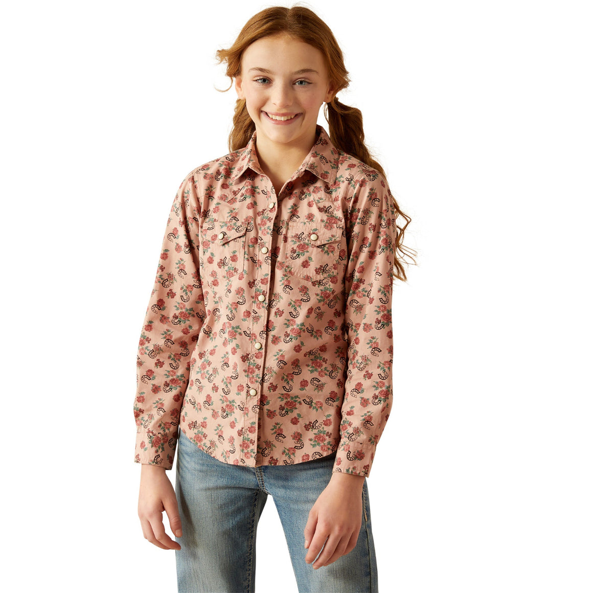 Ariat Girls Flowers N' Horseshoes Snap Shirt - Floral Horseshoes Print
