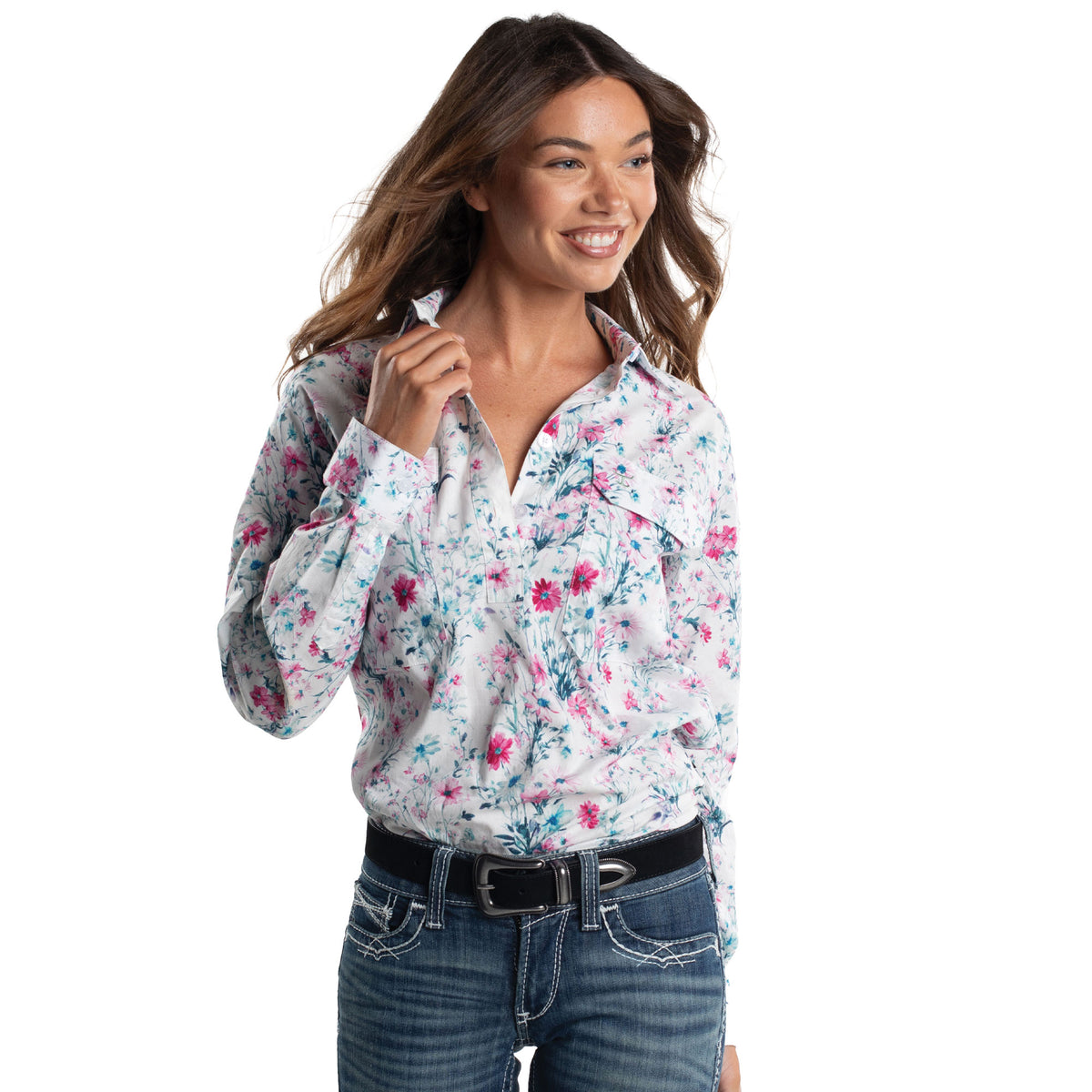 Just Country Women's Abbey Full Button Print Workshirt - White Asters