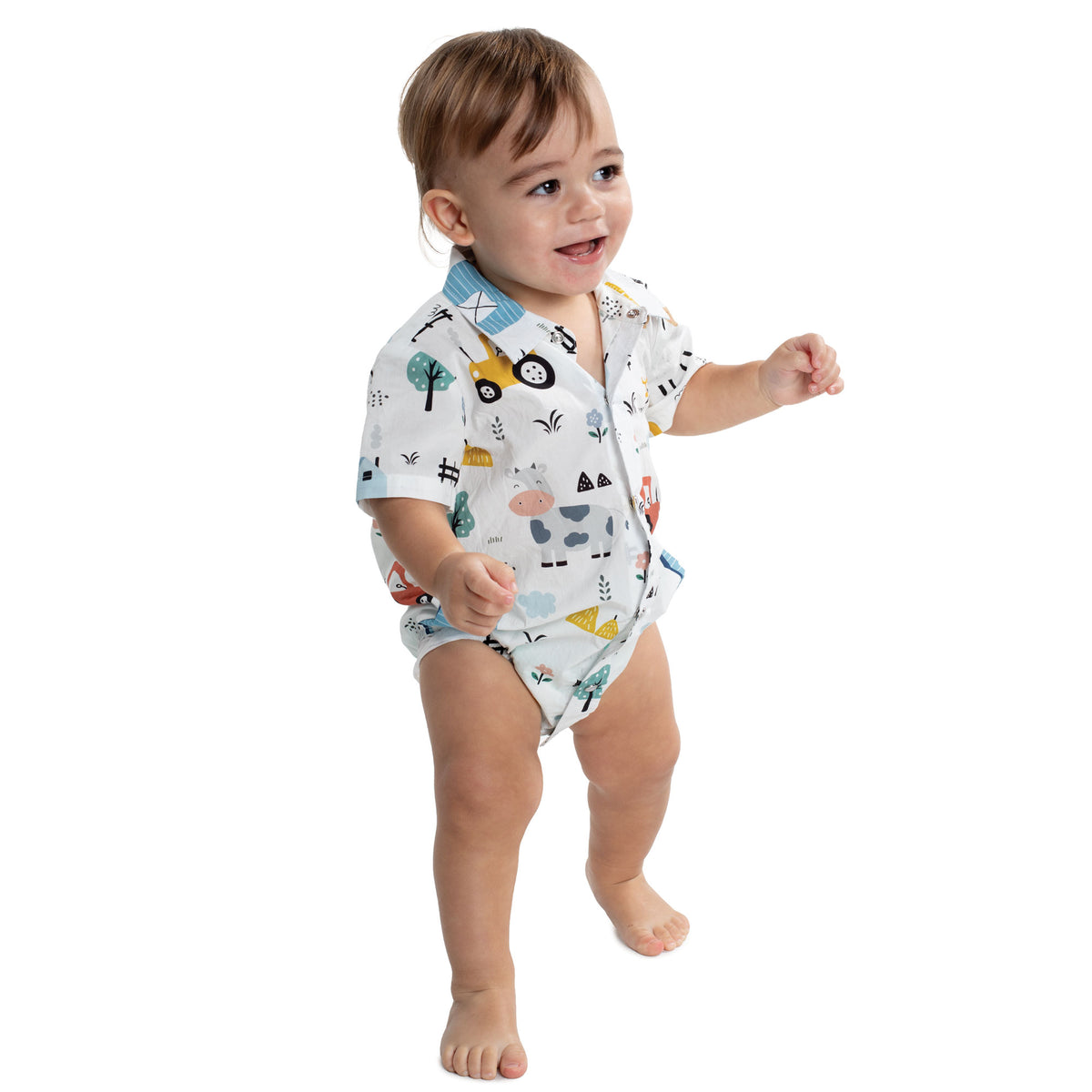 Just Country Infant Frankie Short Sleeve Full Button Jumpsuit - White Farm Print