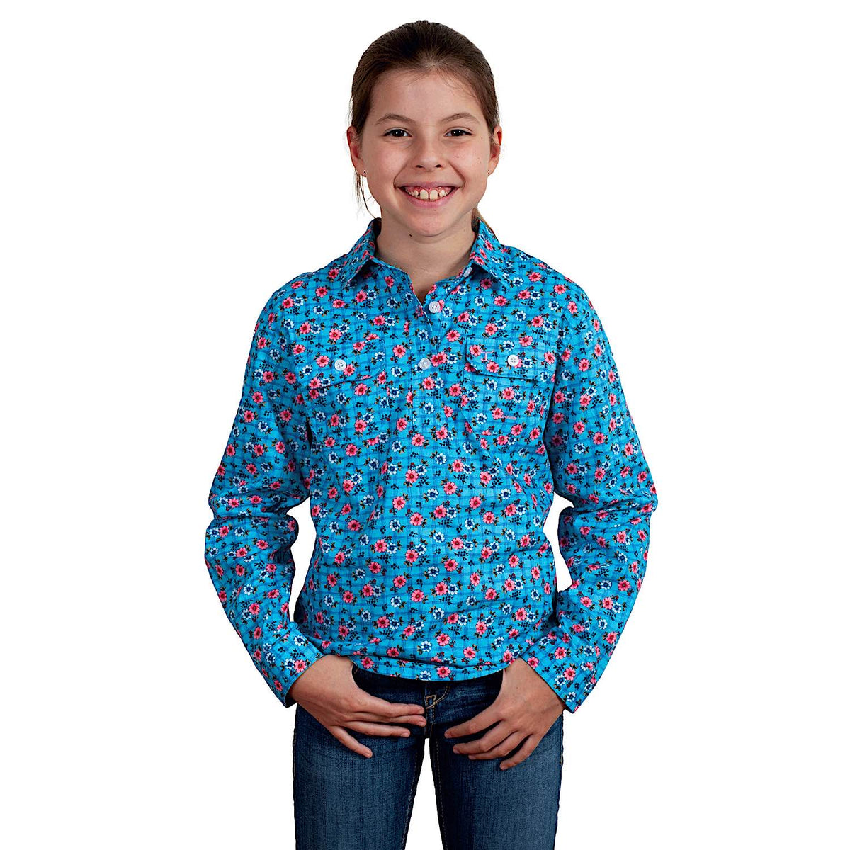 Just Country Girl’s Harper Half Button Work Shirt - Blue Lattice
