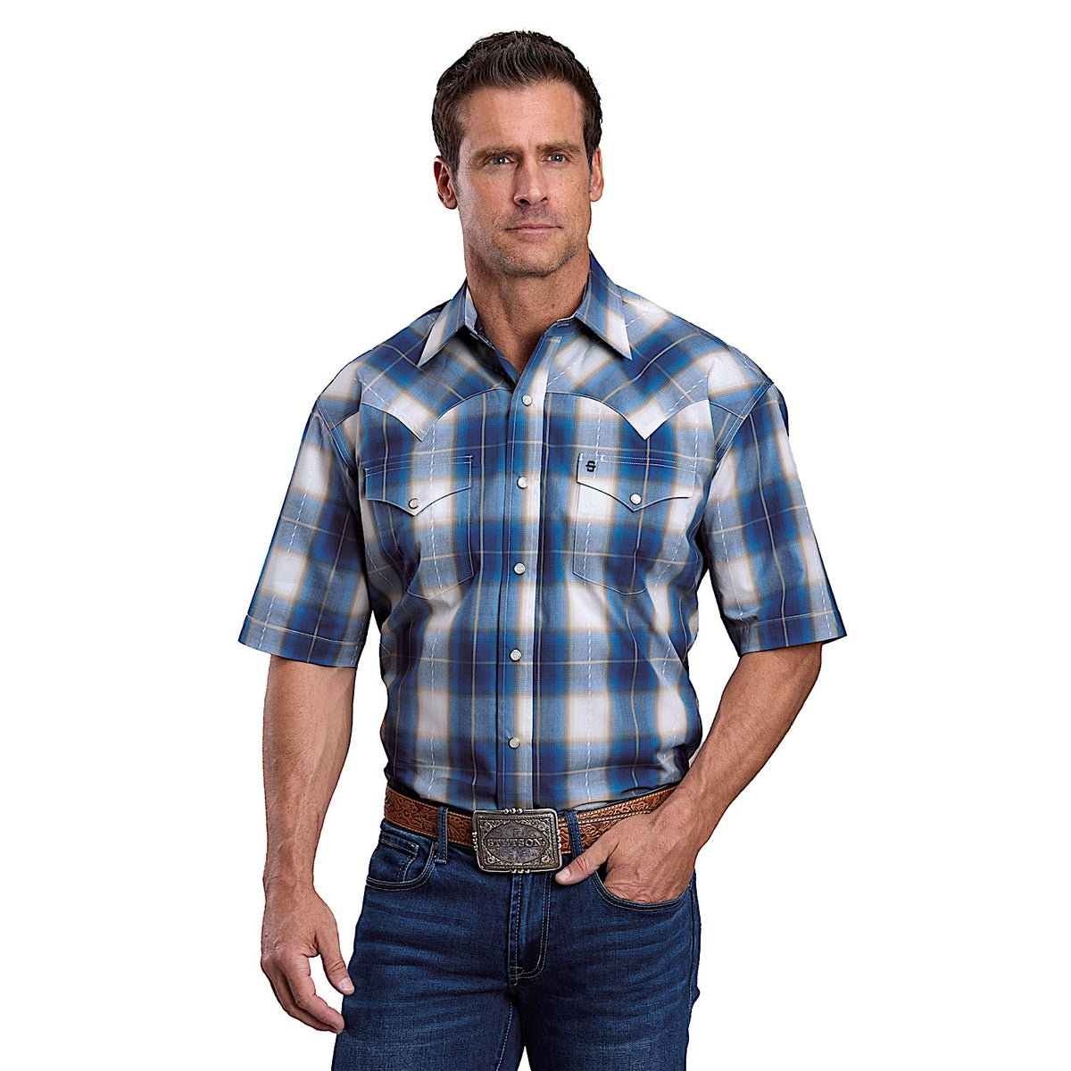Stetson Men's Azure Ombre Short Sleeve Shirt - Blue Plaid