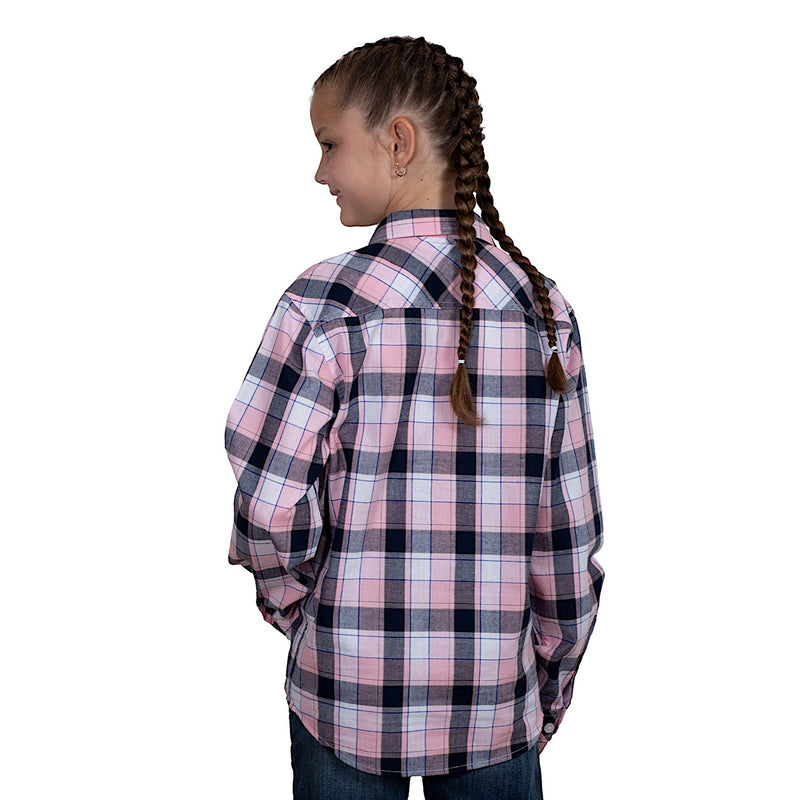Just Country Girl’s Harper Half Button Print Work Shirt - Light Pink/Navy Plaid