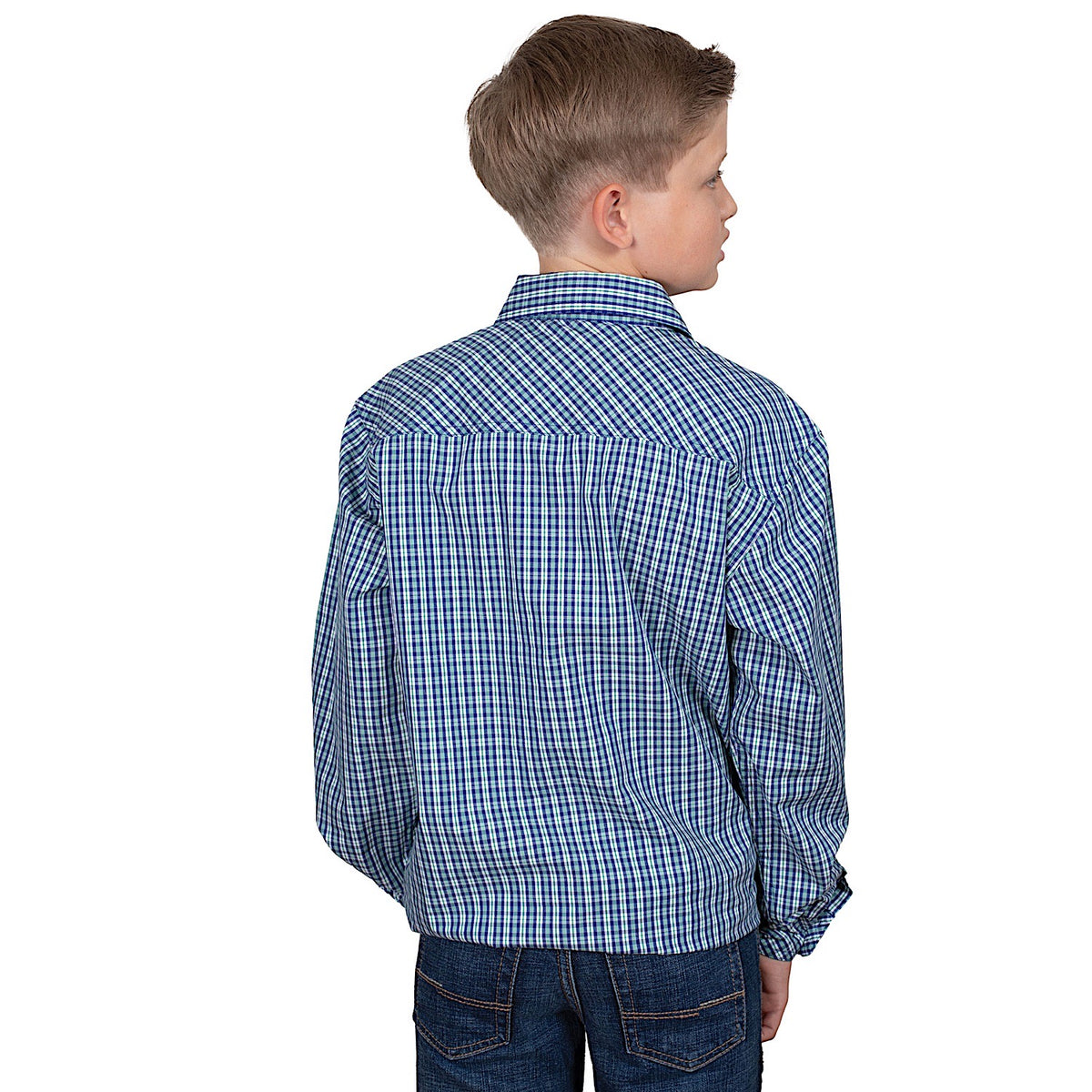Just Country Boy’s Brayden Half Button Print Workshirt - Navy/Ivy Green Check