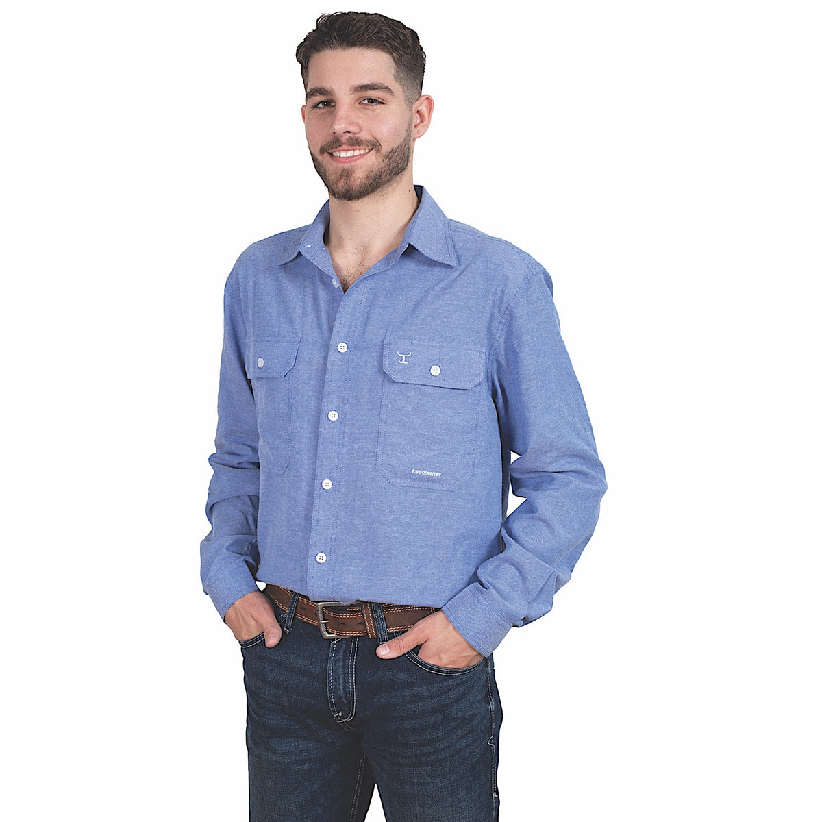 Just Country Men’s Austin Full Button Print Workshirt - Cobalt Blue Chambray
