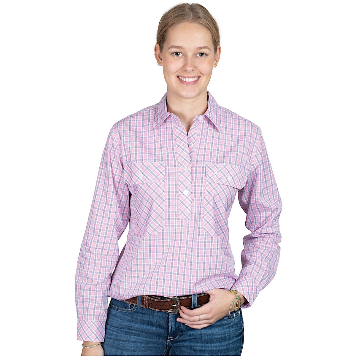 Just Country Women’s Georgie Half Button Print Work Shirt - Light Pink/Navy Plaid