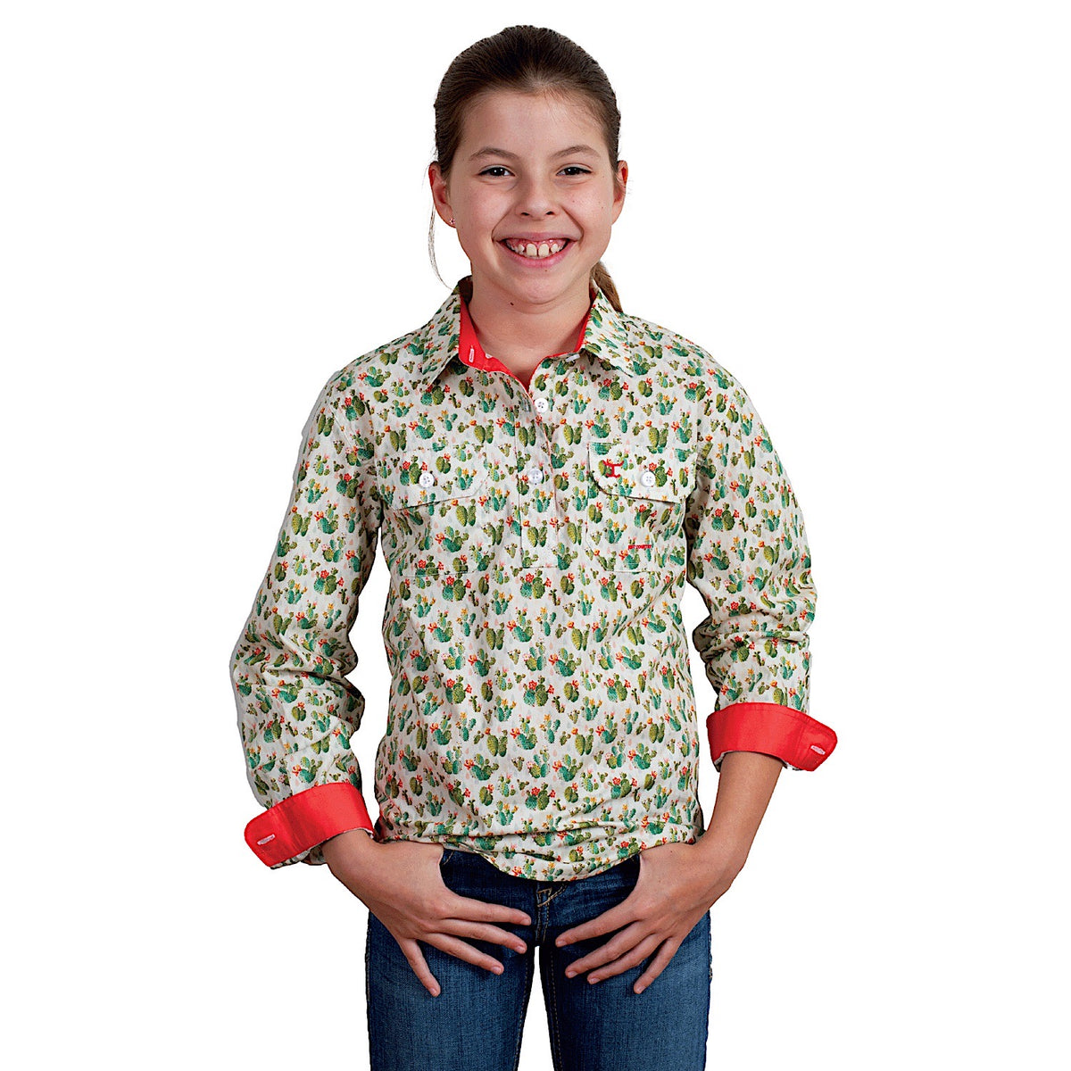 Just Country Girl’s Harper Half Button Print Work Shirt - Cream Cactus