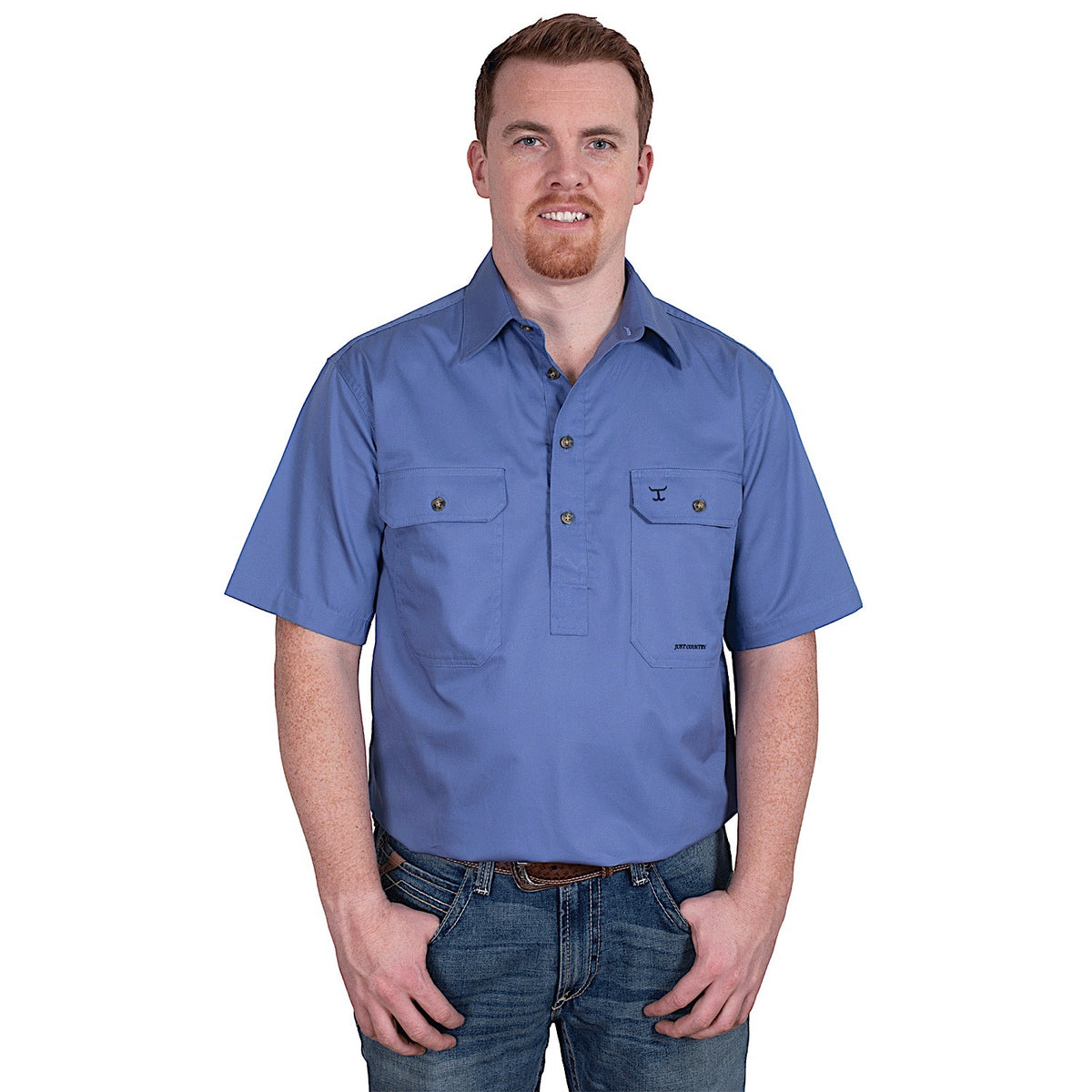 Just Country Men's Adam 1/2 Button Short Sleeve Work Shirt - Blue