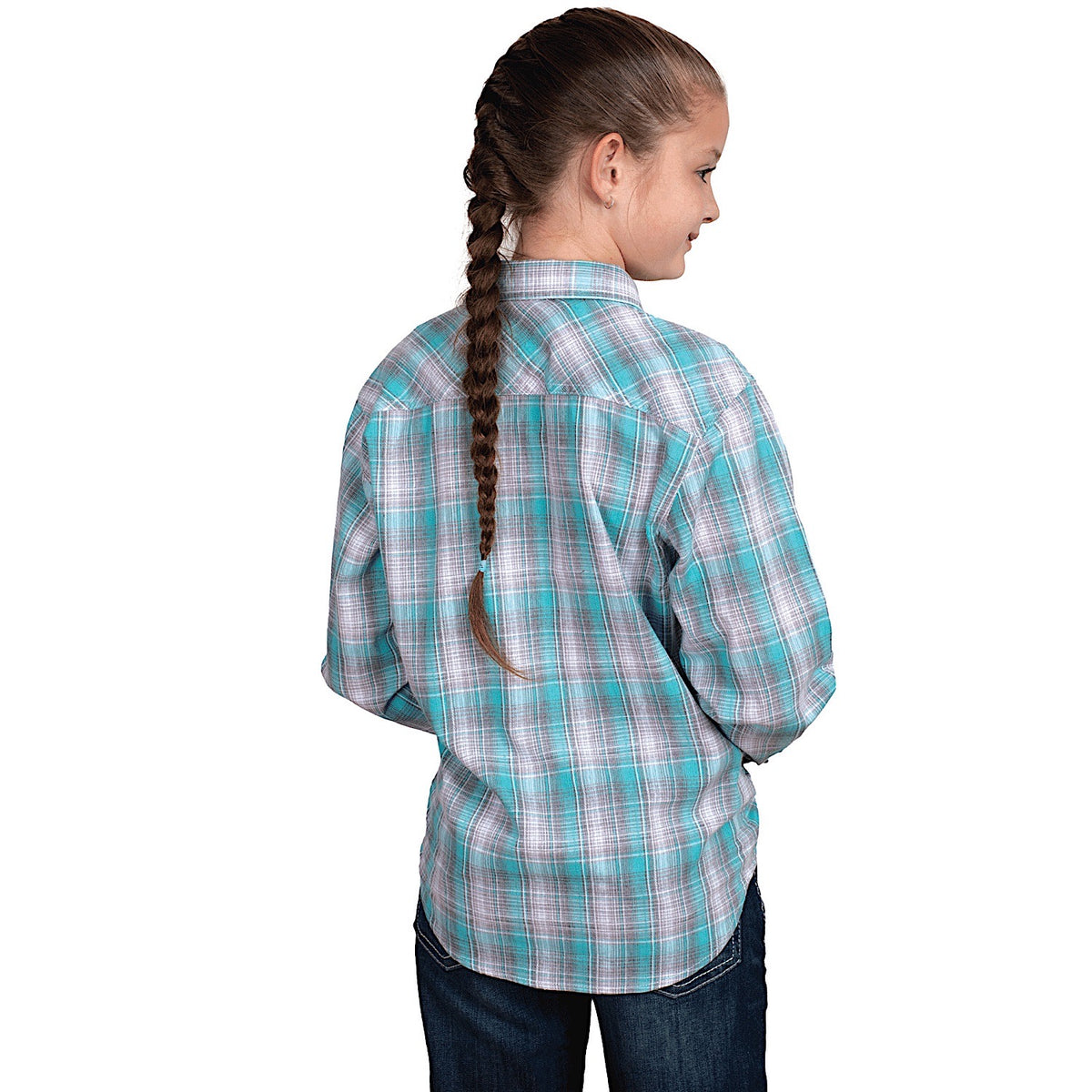 Just Country Girl's Harper Half Button Print Work Shirt - Capri Turquoise/Slate Check