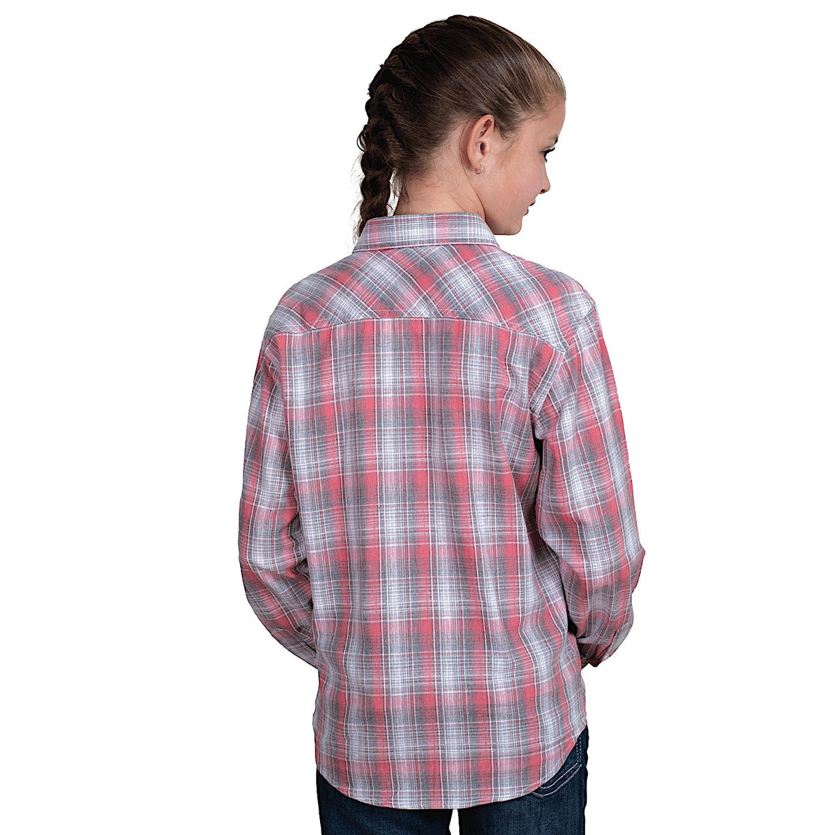 Just Country Girl's Harper Half Button Print Work Shirt - Cherry Blossom/Slate Check