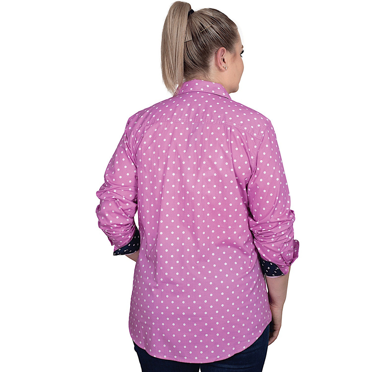 Just Country Women's Abbey Full Button Work Shirt - Radiant Orchid Dots/Navy Dots