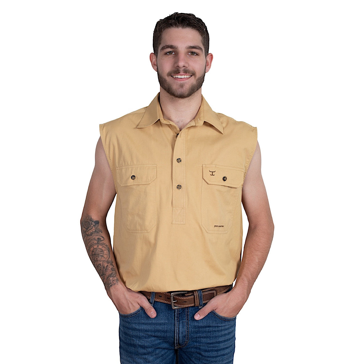 Just Country Mens Jack 1/2 Button Sleeveless Work Shirt - Sand